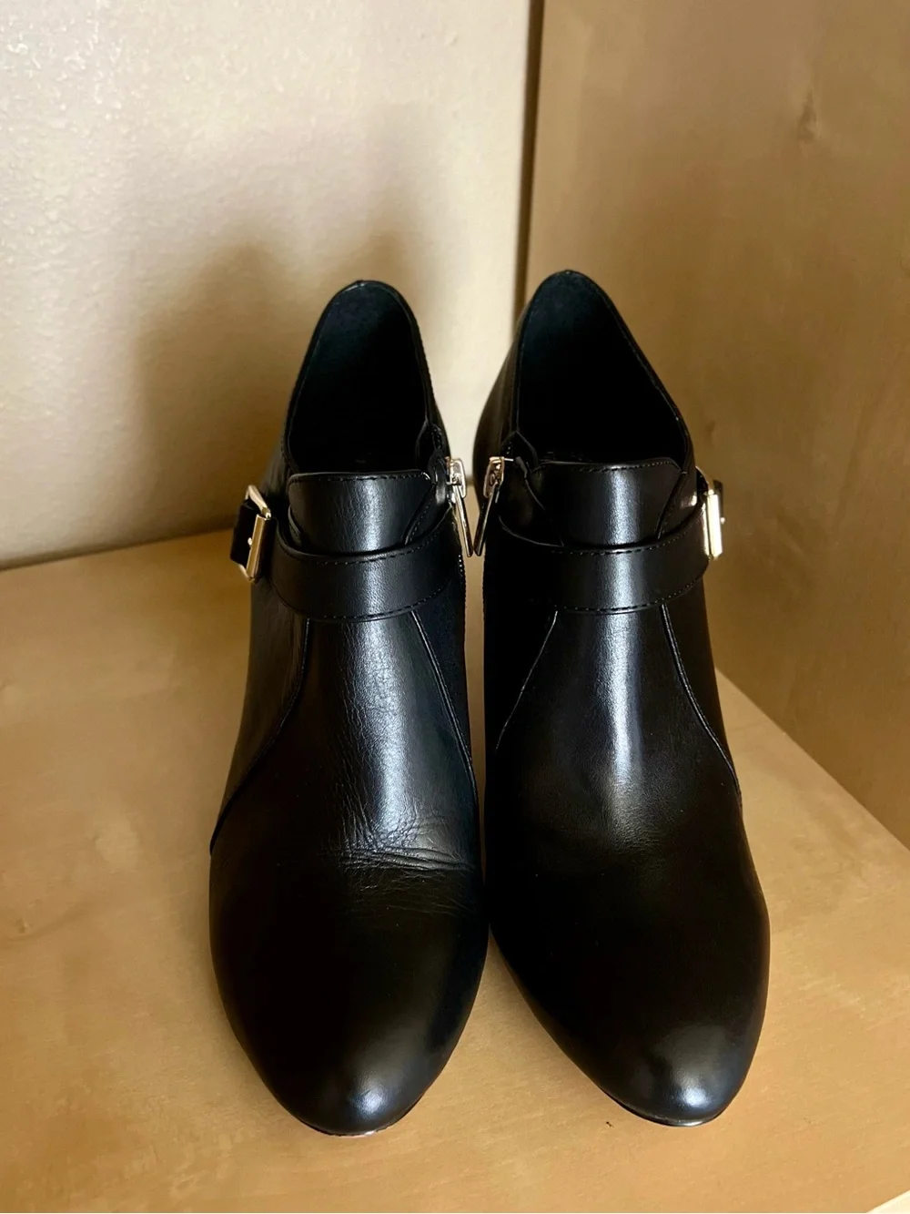 Vince Camuto Vonilesa Black Leather Ankle Stiletto Booties with Gold Buckle